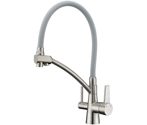 Смеситель для кухни KB-72003-02 с выходом для питьевой воды нерж+силиконовый излив серый Koer